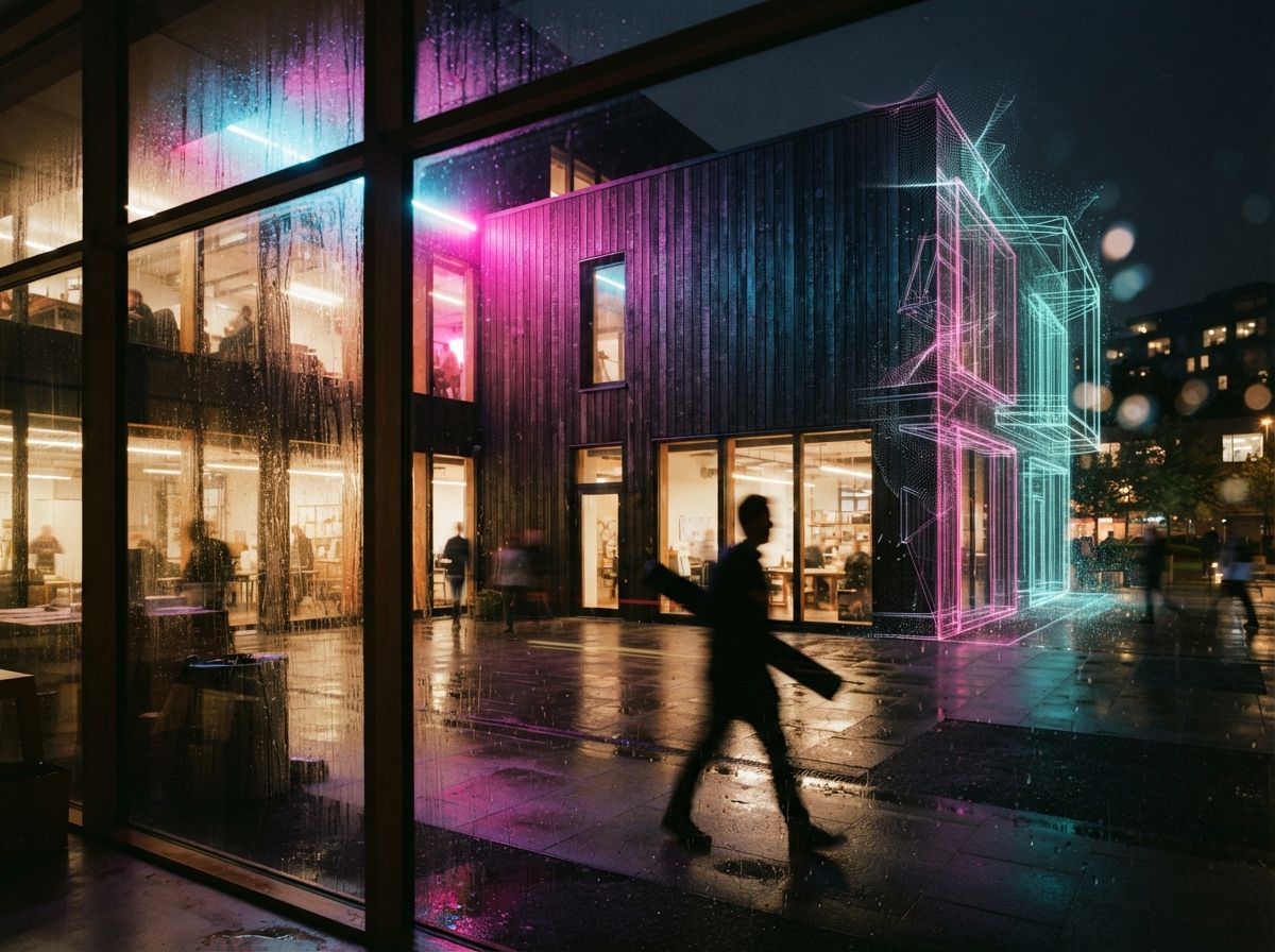 A night courtyard view through rain-splattered glass showing a building transitioning into a digital wireframe with vibrant neon lighting.