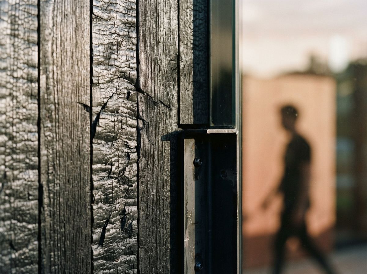 An extreme close-up of charred cedar wood cladding and steel joint under harsh raking sunlight.