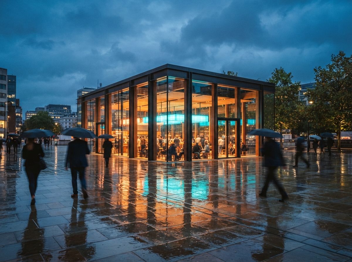 A modern glass pavilion at dusk with rain reflections on the surrounding stone plaza.