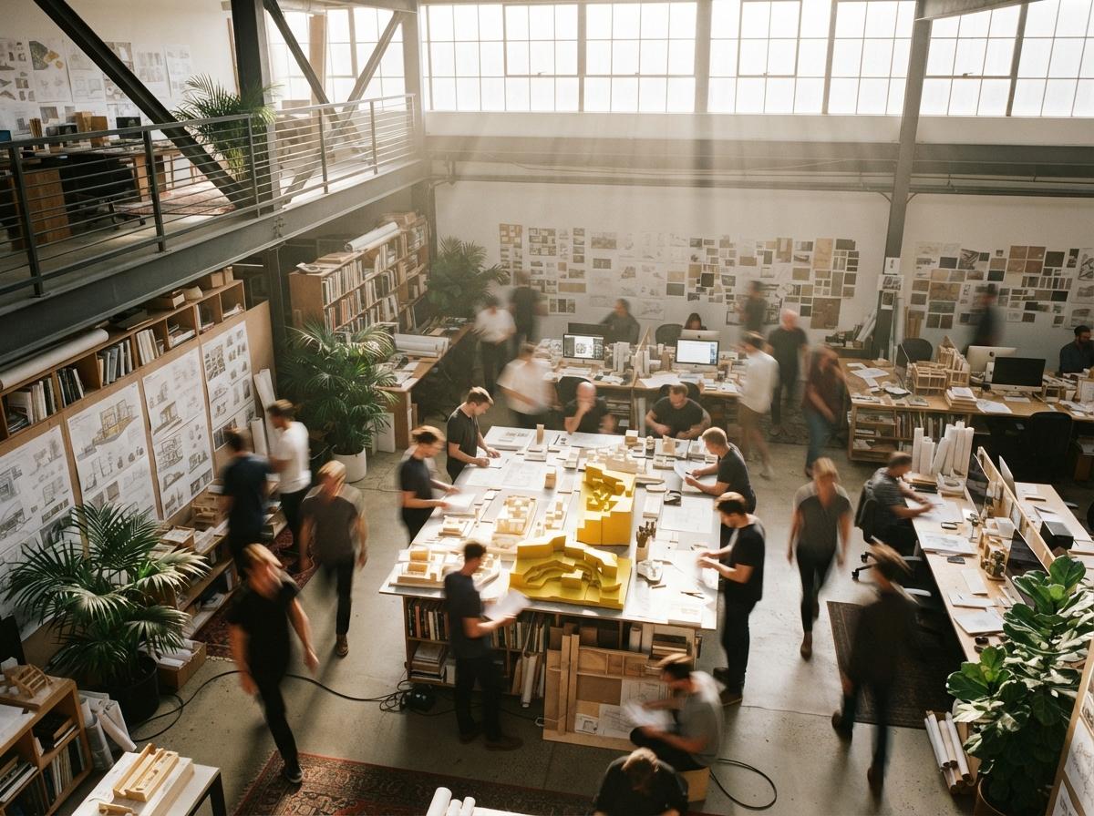 An architectural design studio bathed in morning sunlight with architects reviewing models and drawings.