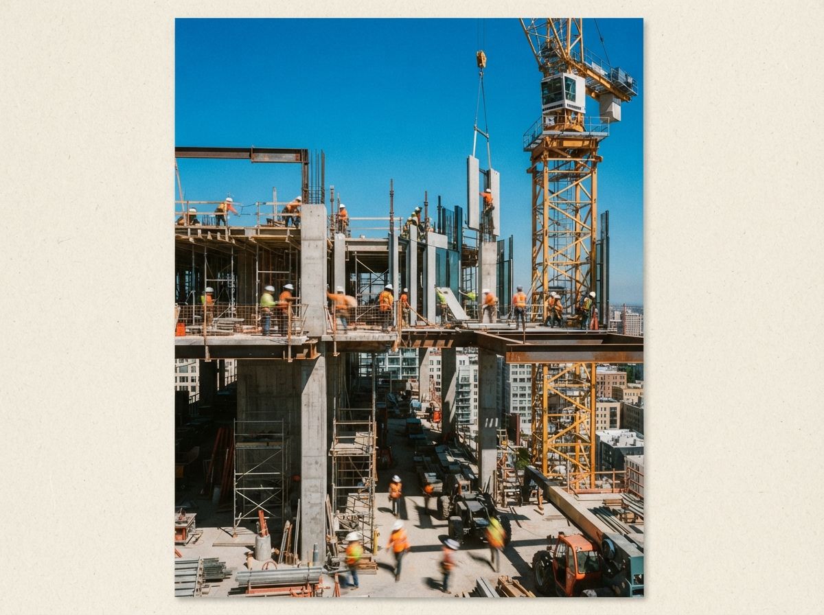 A vibrant construction site drenched in bright midday sunlight with steel beams and workers assembling a facade.
