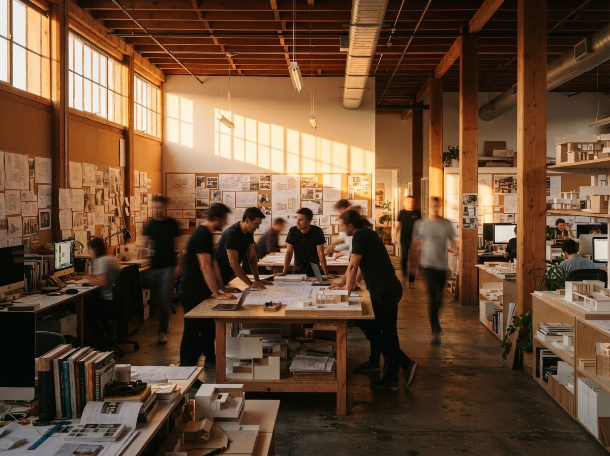 Architects reviewing paper plans inside a sunlit studio illuminated by golden late-afternoon light.