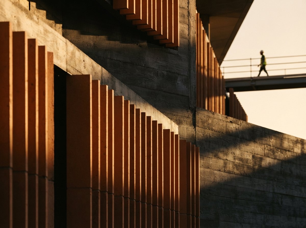 A close-up view of ribbed terracotta tiles illuminated by harsh low sunlight creating dramatic geometric shadow patterns.