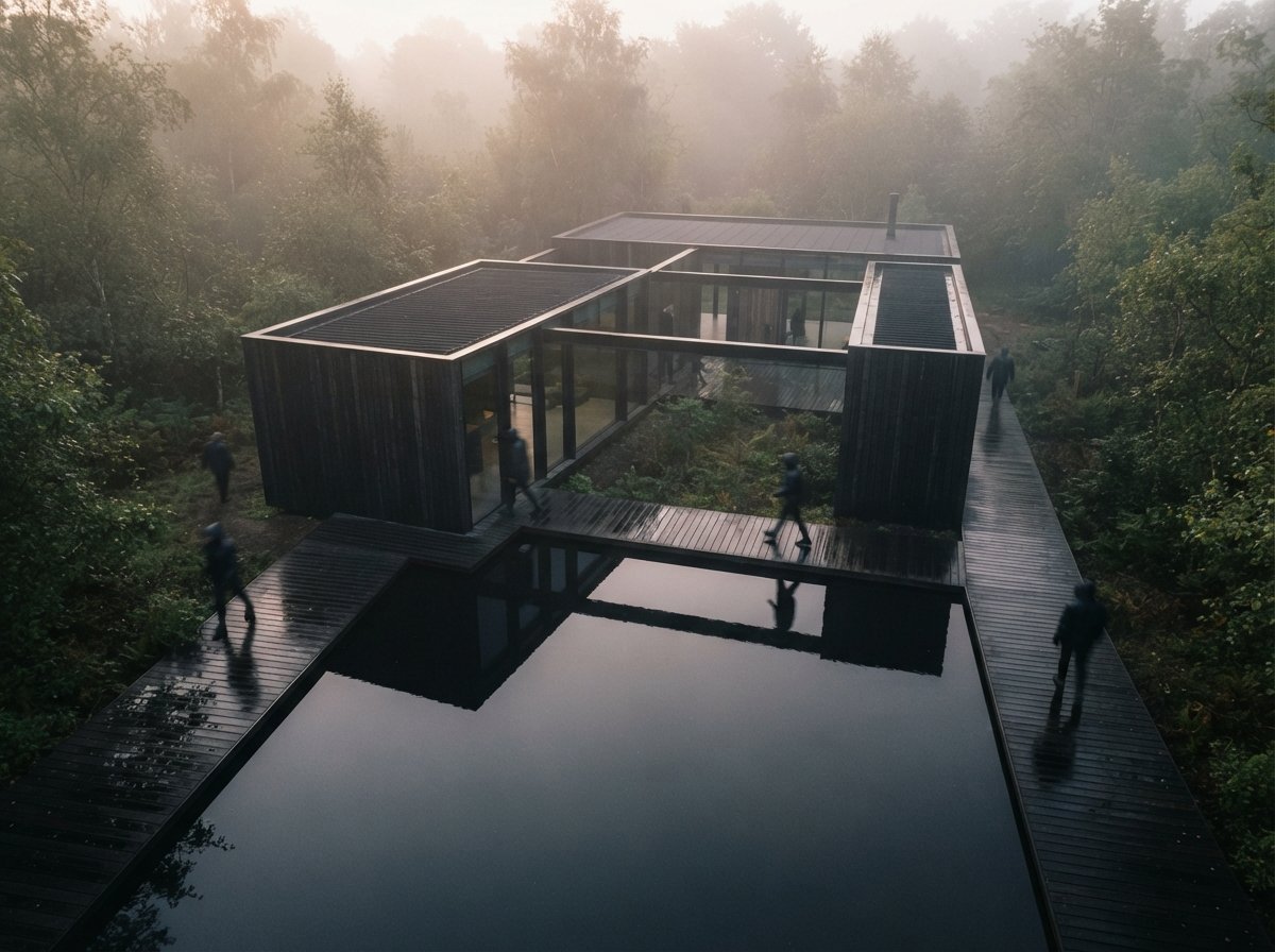 A top-down view of a modern glass pavilion emerging from dense morning fog beside a quiet dark pool.