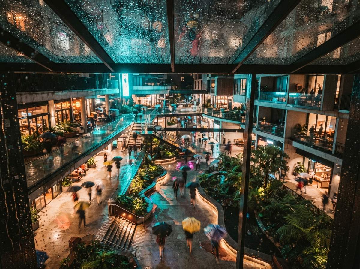 A view through a rain-streaked glass skylight down into a brightly lit courtyard interior at night.