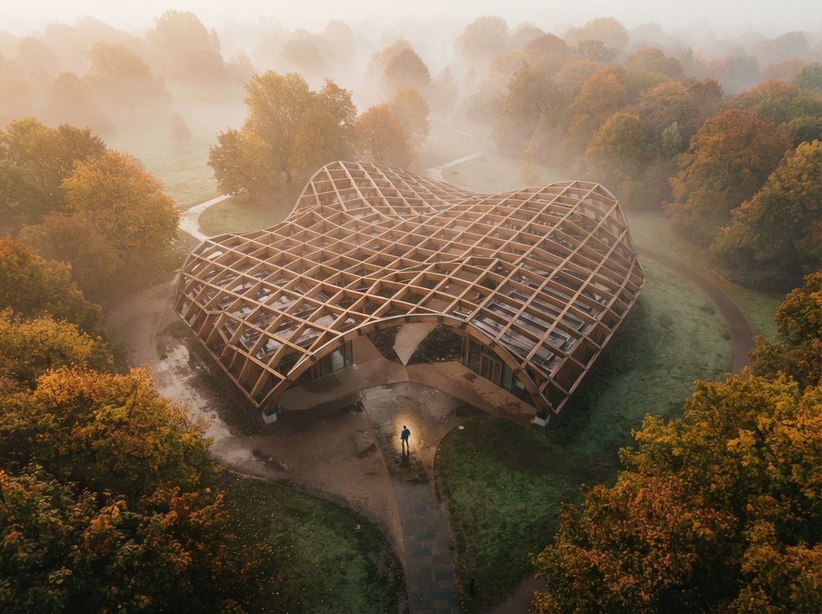 An overhead drone photograph looking straight down at a timber pavilion surrounded by autumn trees and morning fog.