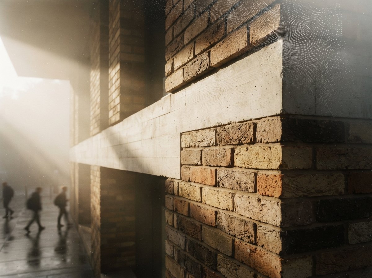 Detailed close-up of brick and concrete facade in dense dawn fog dissolving into a point cloud.