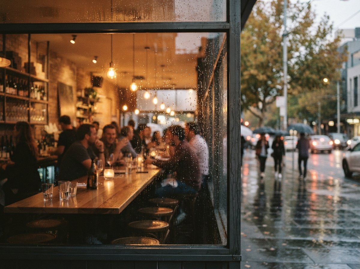 View through wet window glass showing an inhabited, warmly lit bar interior with street reflections.