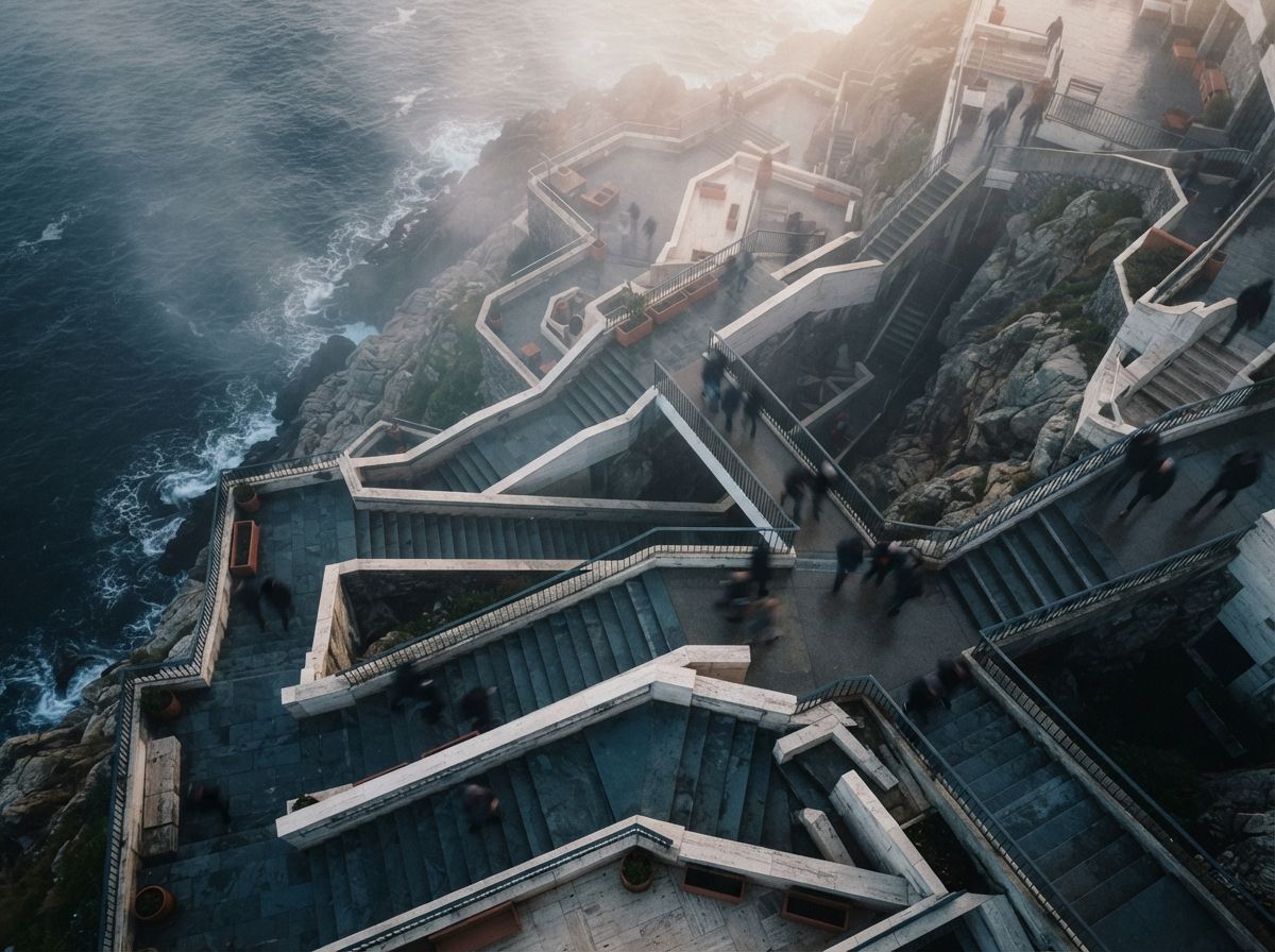 An overhead drone perspective of a terraced limestone pavilion built into a foggy coastal cliffside.