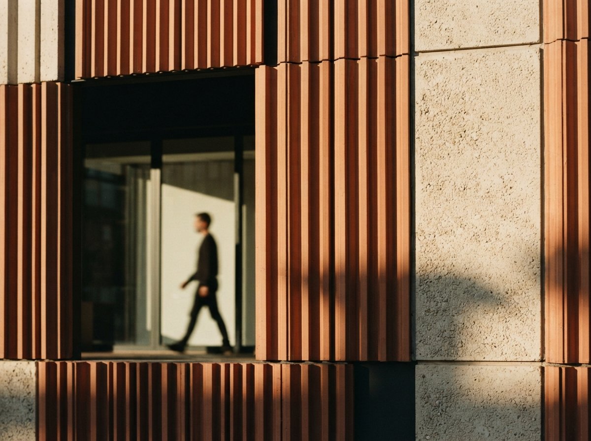 A close-up architectural photograph of terracotta building louvers under strong golden hour light.