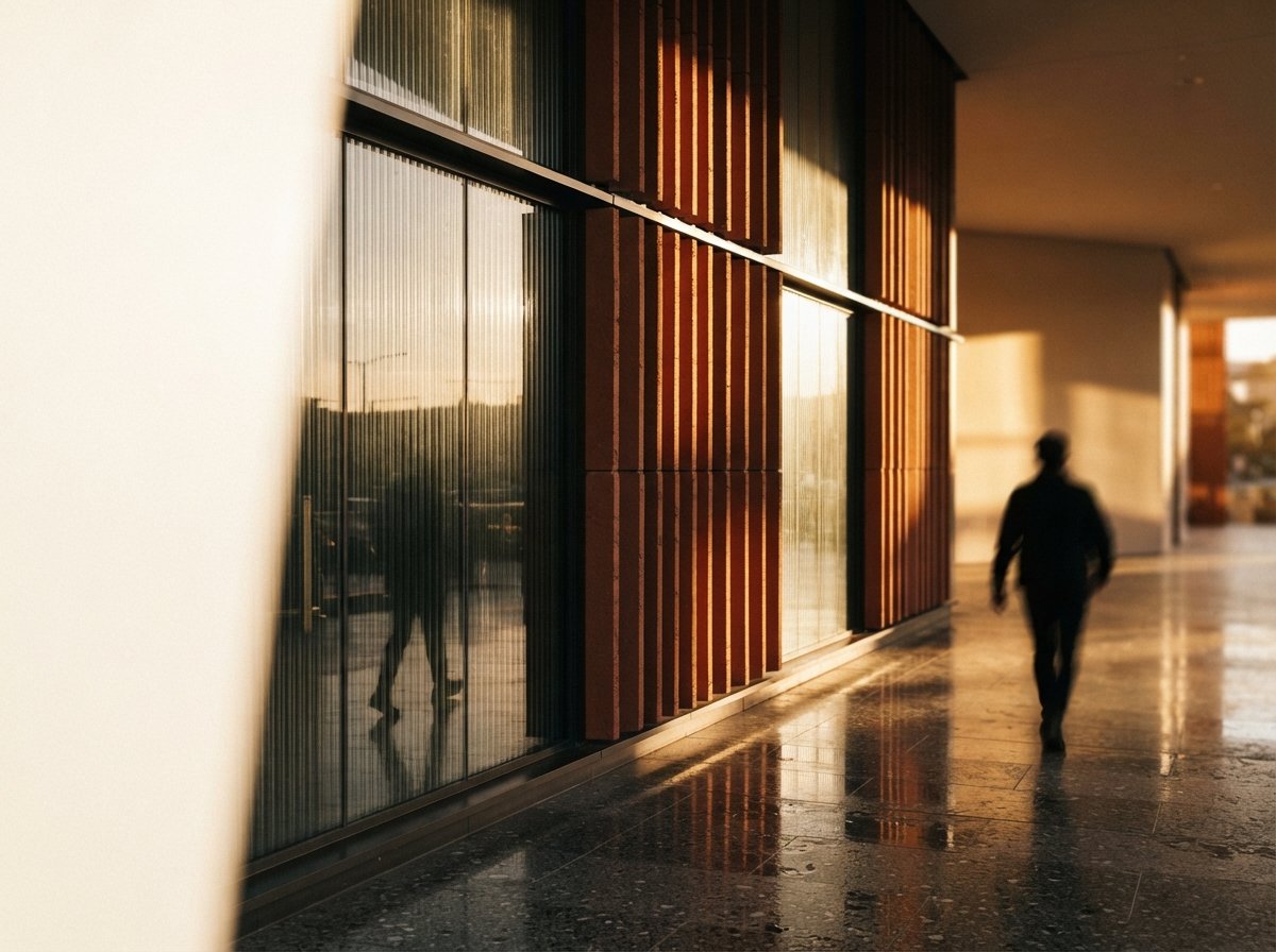 A close-up photograph of fluted glass and ribbed terracotta panels cast in dramatic golden hour shadows.