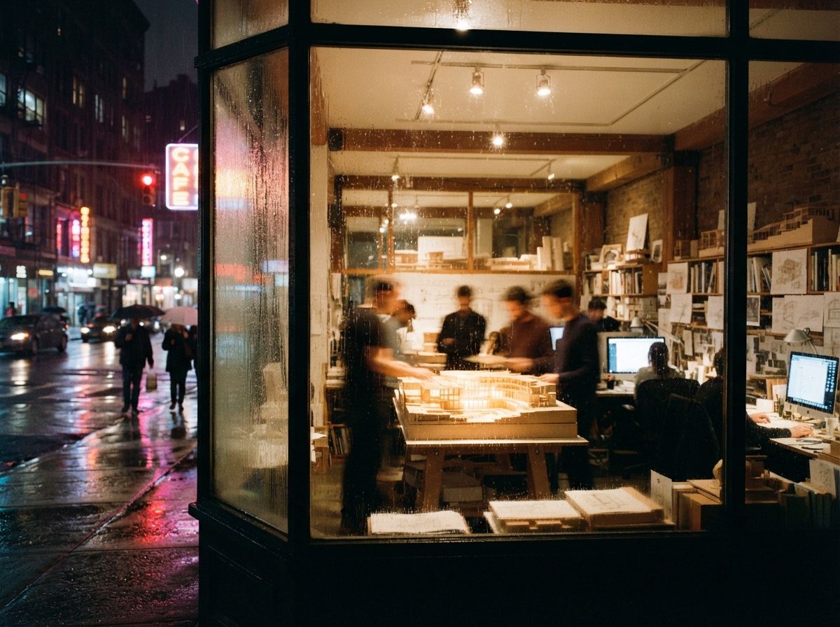 A night photograph shot through rain-covered glass showing an illuminated design studio working late.