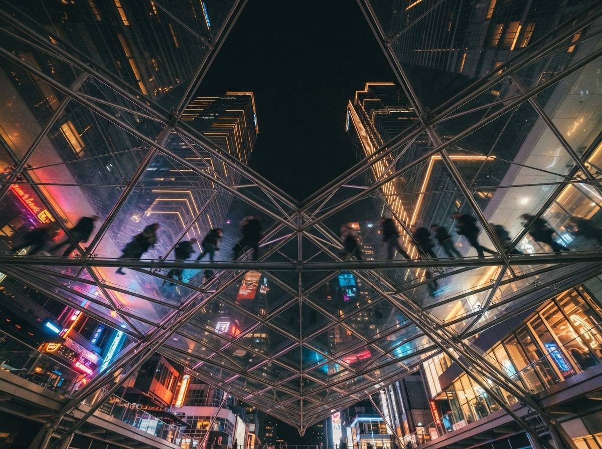A low-angle upward perspective through a glass roof illuminated by bright night neon lights.