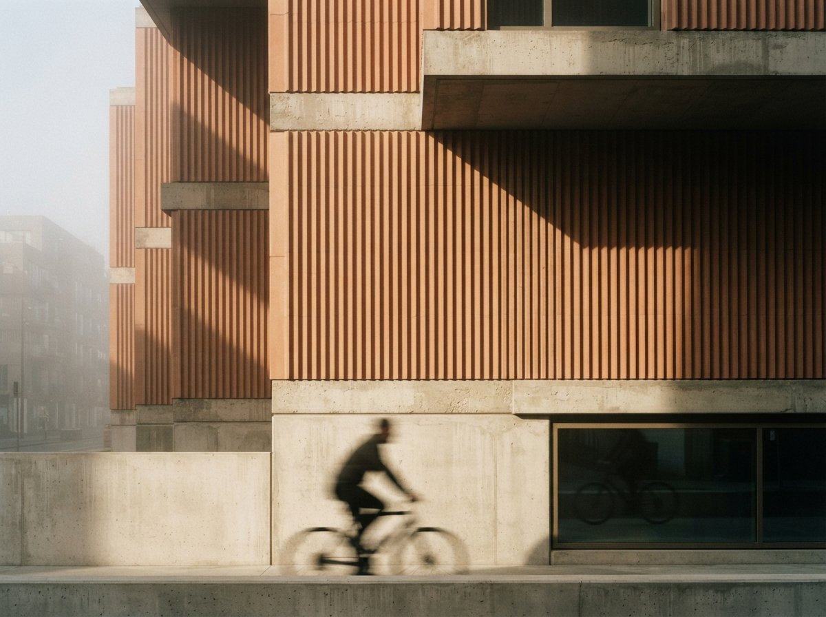Close-up macro image of ribbed terracotta building panels in raking morning sunlight.