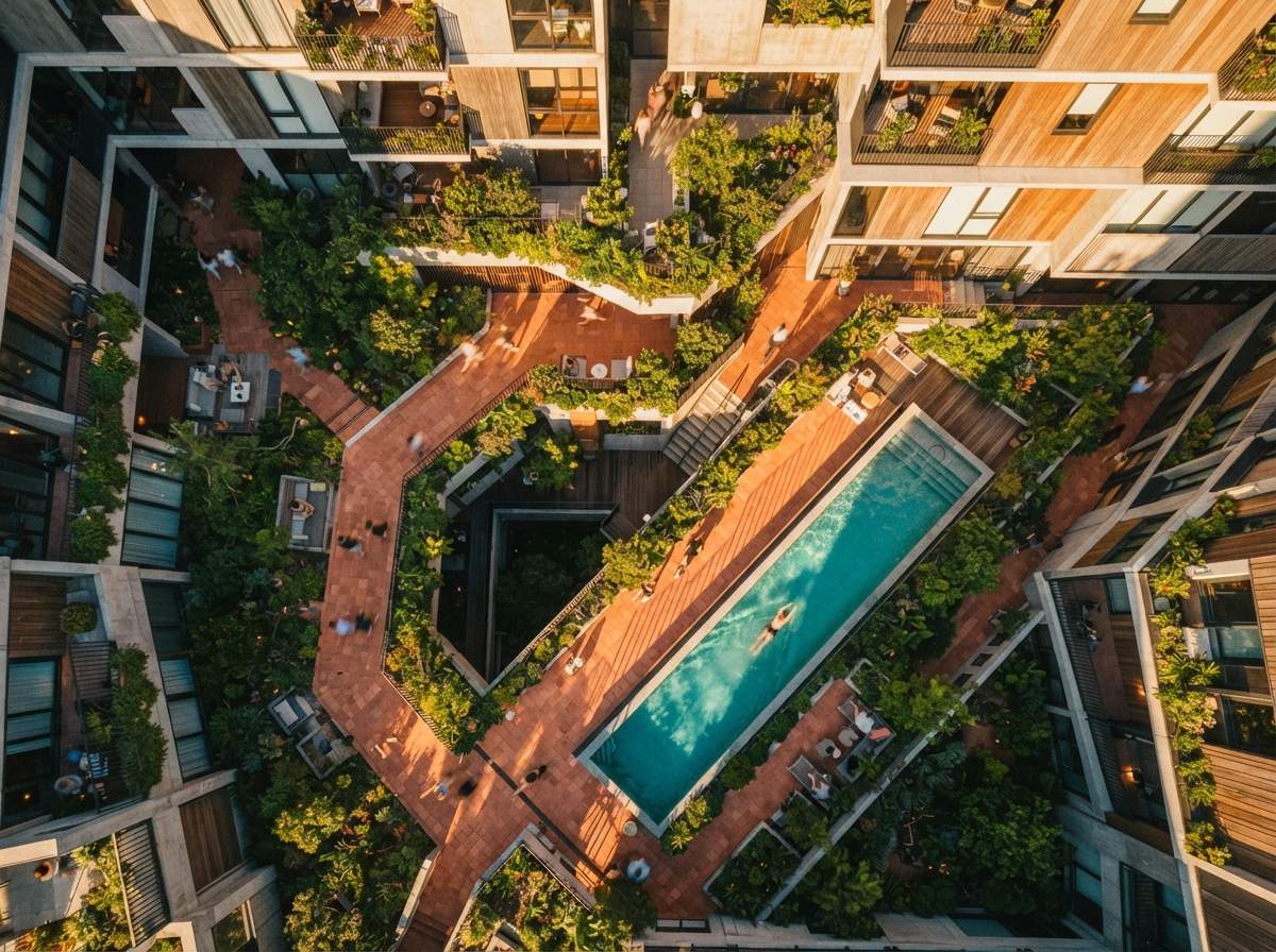 An overhead drone shot of a modern residential courtyard with a swimming pool, terracotta tiling, and lush planters in vibrant sunlight.