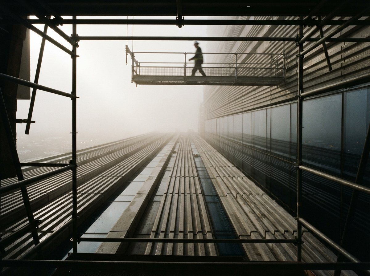 A low-angle macro view looking up a textured concrete facade through steel scaffolding in heavy morning fog.