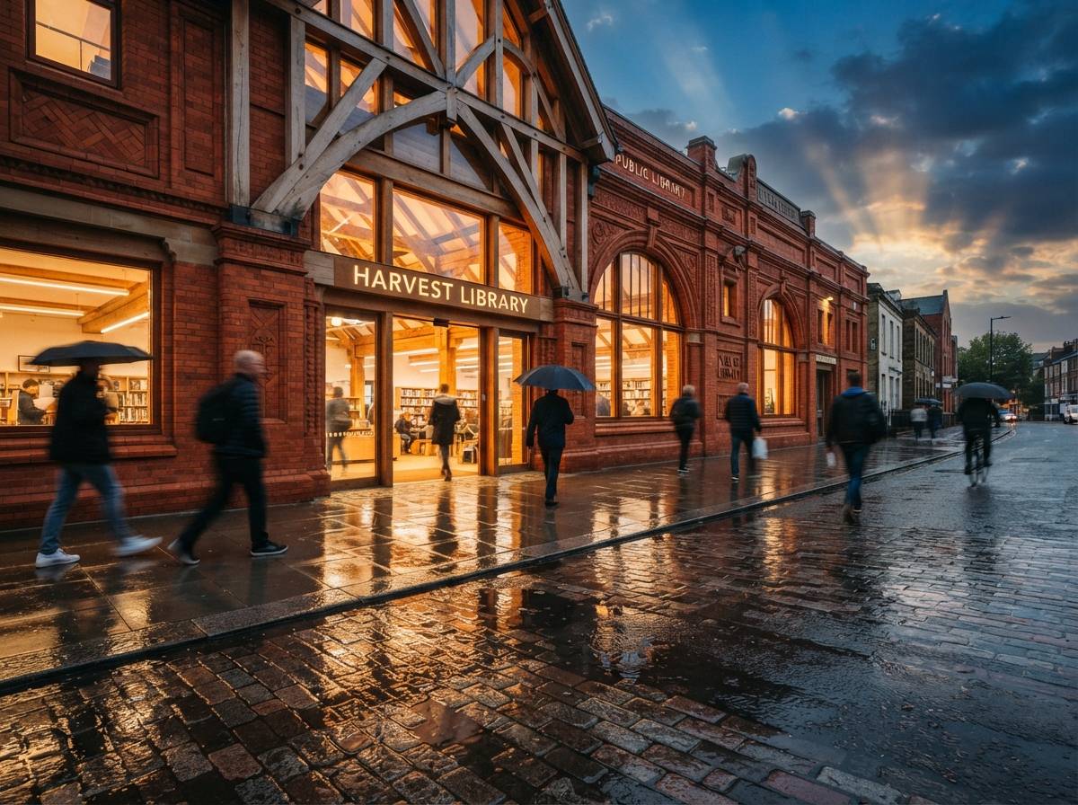 Pedestrians walk past a vibrant terracotta brick building on a rain-washed city street.