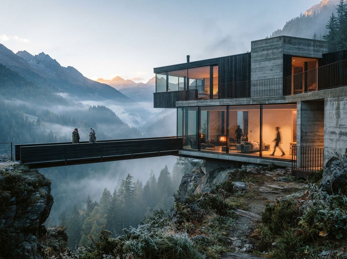 A modern concrete building clings to a mountain cliff surrounded by early morning fog.