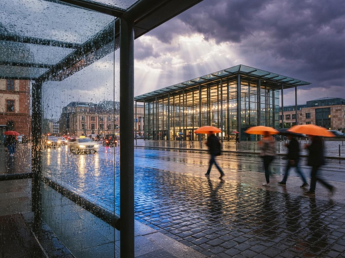 A street-level photo of a glass pavilion reflecting vibrant city lights on rain-washed pavement after a storm.