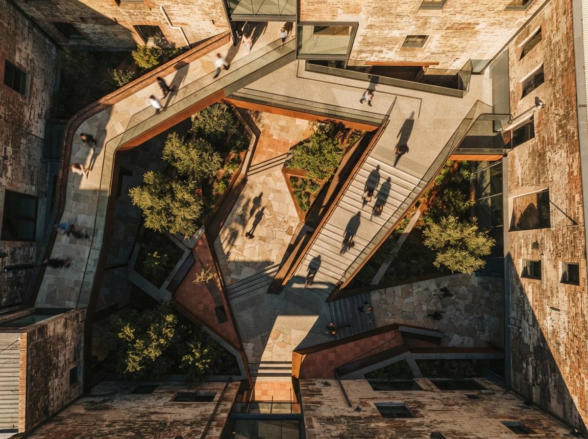 A top-down aerial photograph of an angular stone courtyard filled with long shadows at golden hour.