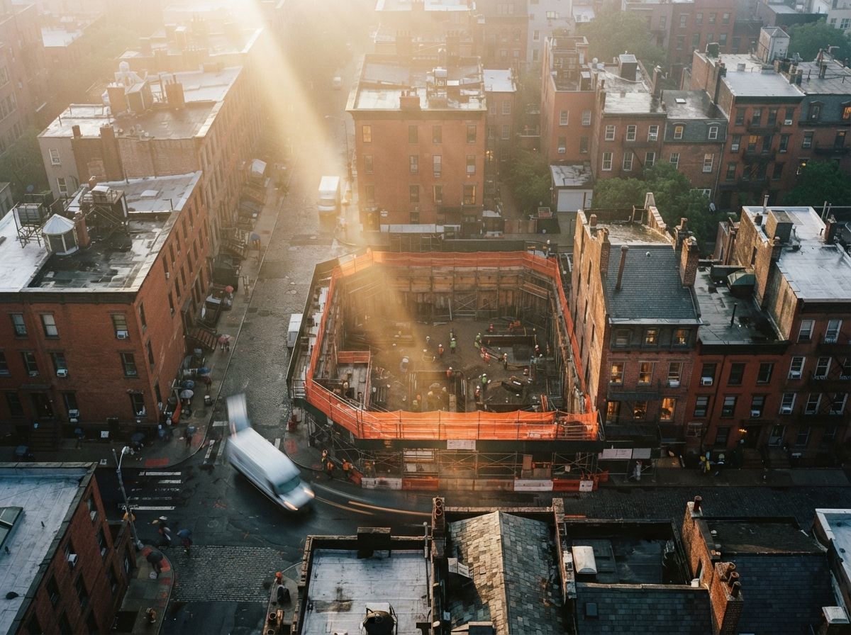 A top-down drone photograph of a tight urban infill lot cutting through early morning fog.