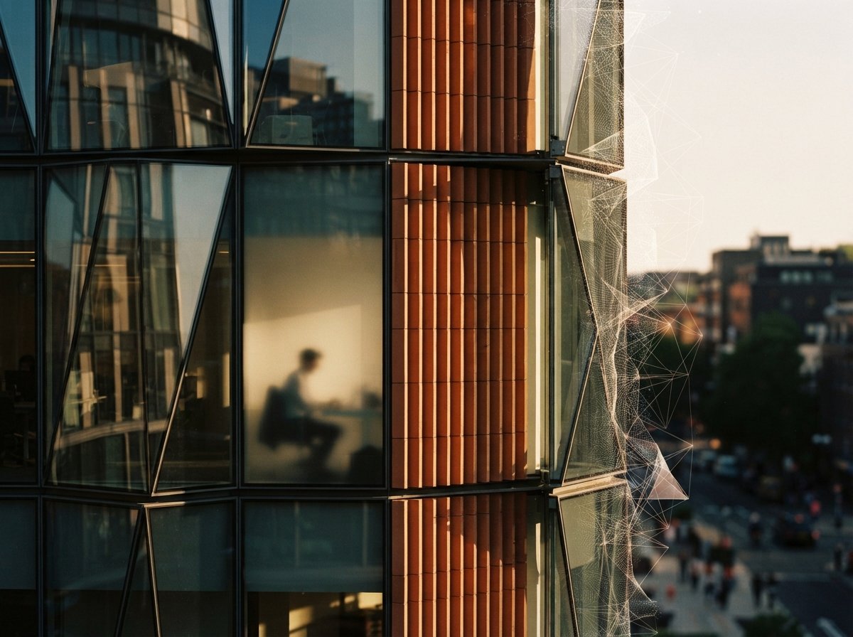 An architectural macro shot of a ribbed terracotta facade reflecting light while dissolving into wireframe at one edge.
