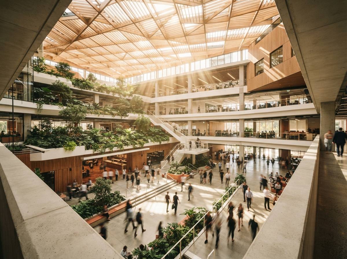 A high-angle view of a bright multi-level atrium with morning sun beams filtering through timber louvers.