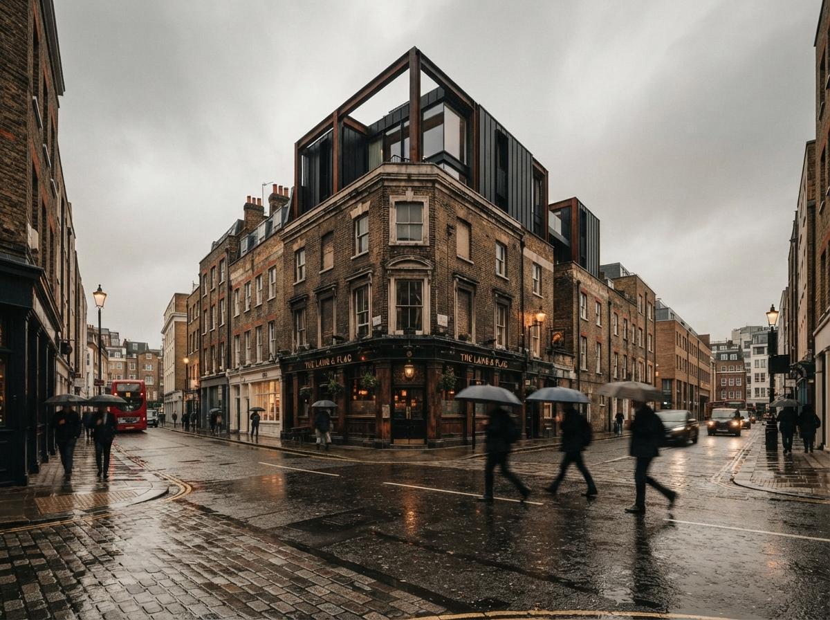 A wet street level view looking up at a modern brick and steel rooftop intervention on a rainy afternoon.