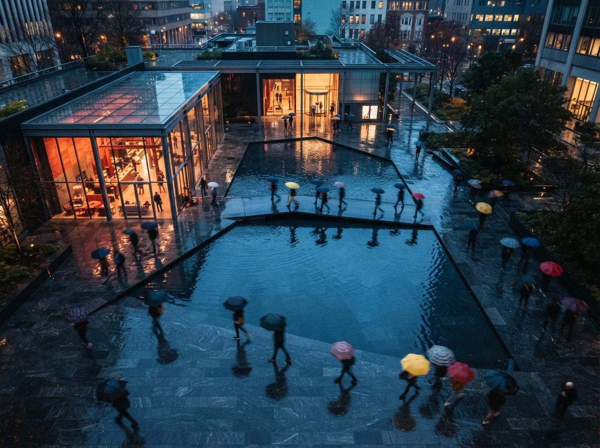 A top-down aerial photograph of a wet stone courtyard and reflecting pool at dusk with people walking under umbrellas.