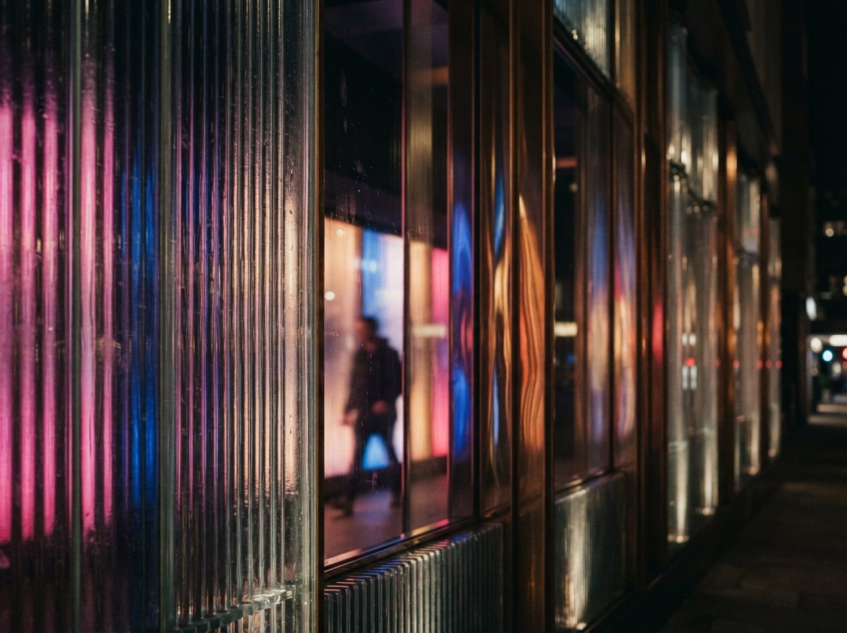 A close-up macro view of fluted glass facade panels illuminated at night with vibrant artificial light spill.