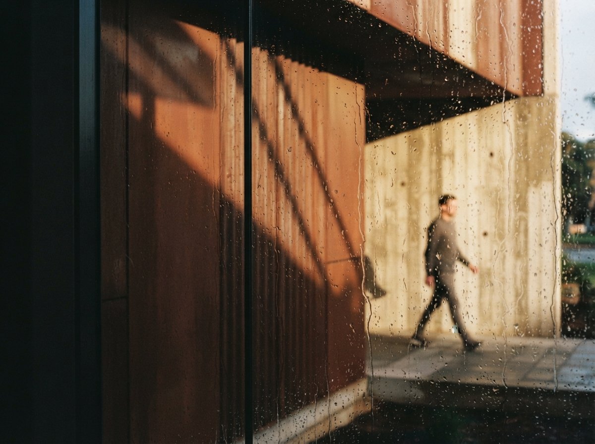 A close-up macro view through water-droplet glass showing raking light across corten steel and concrete.