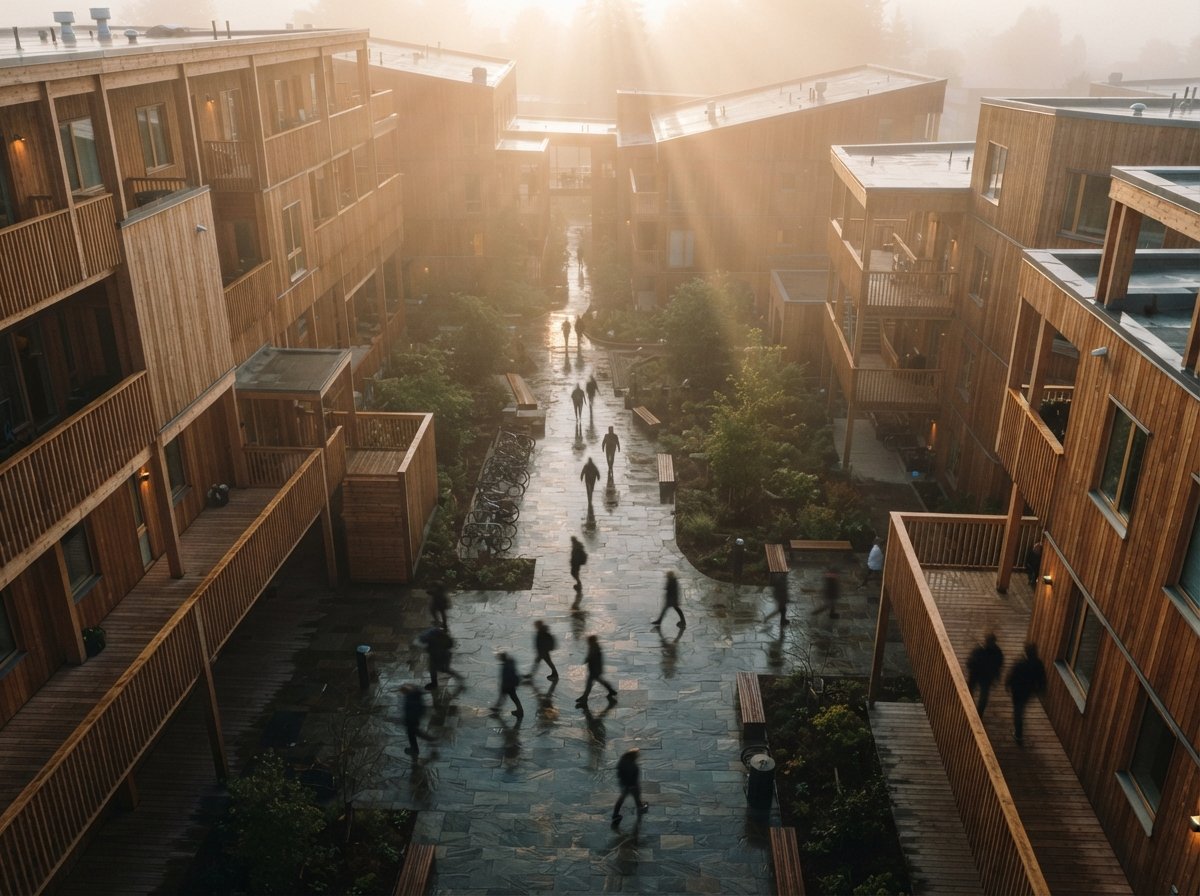 A top-down aerial drone view of a misty courtyard surrounded by timber buildings at dawn.