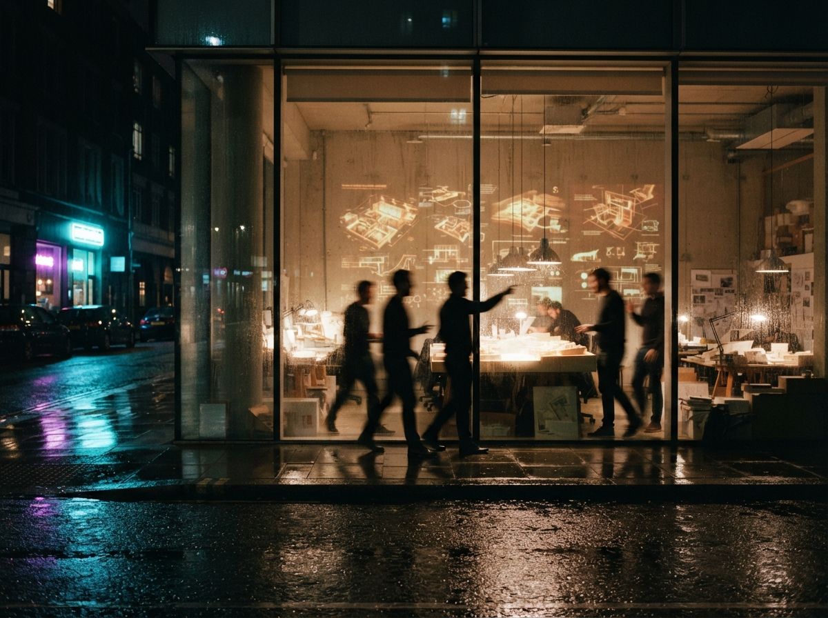 Night view looking through an illuminated architecture studio glass exterior with neon reflections.
