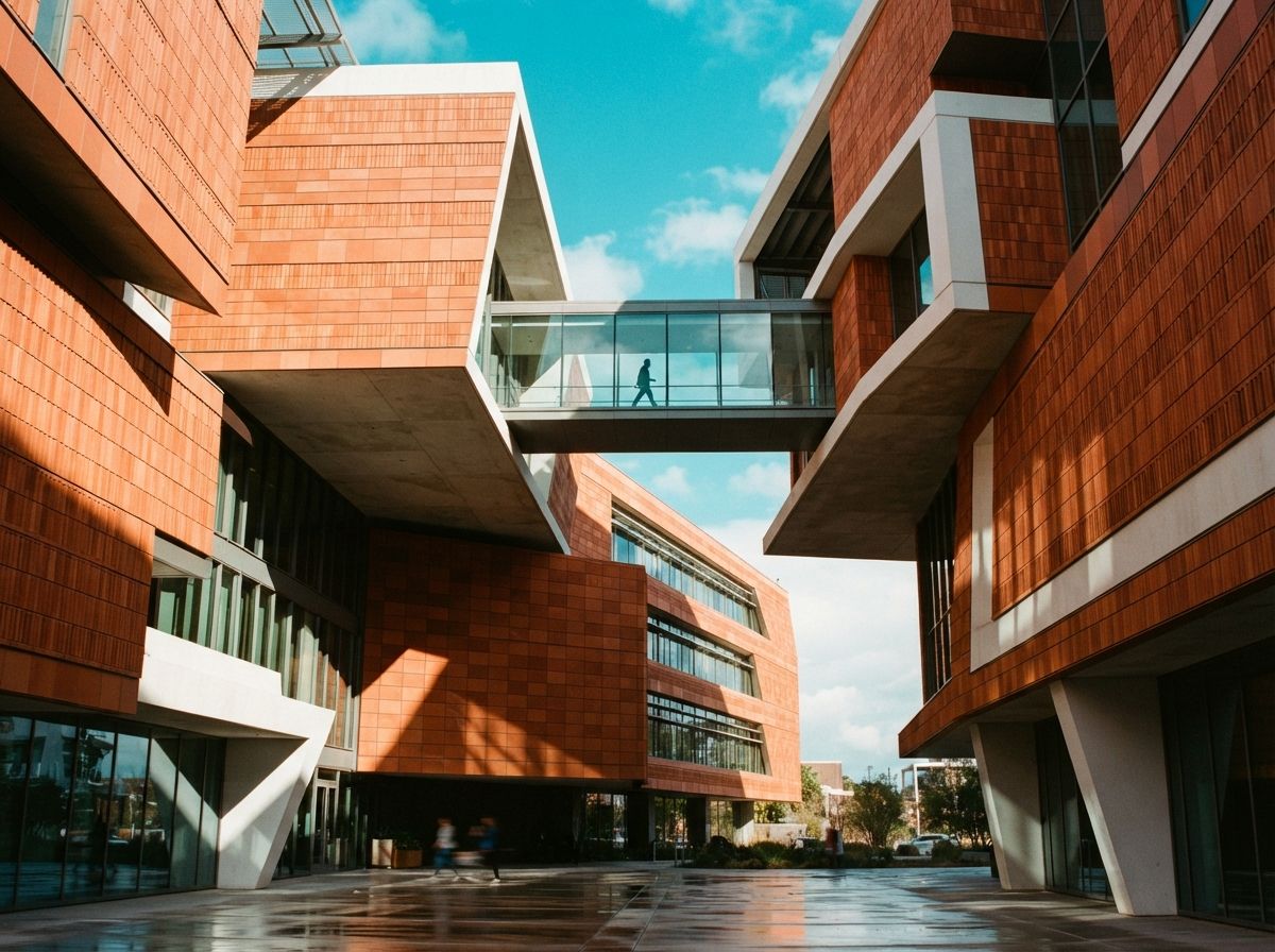 A low-angle view looking up at terracotta and concrete building cantilevers under a blue sky.