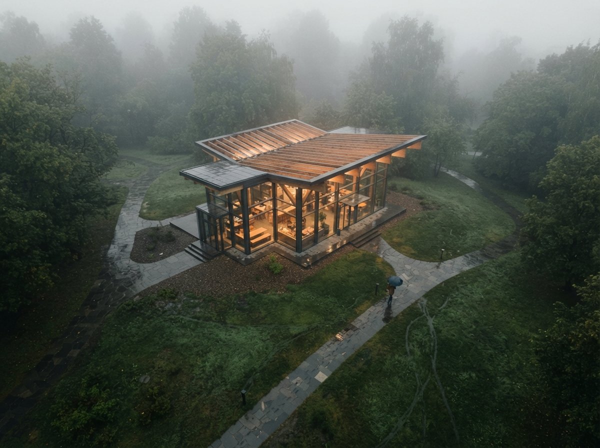 An overhead drone view of a modern glass pavilion surrounded by misty lawns and pathways at dawn.