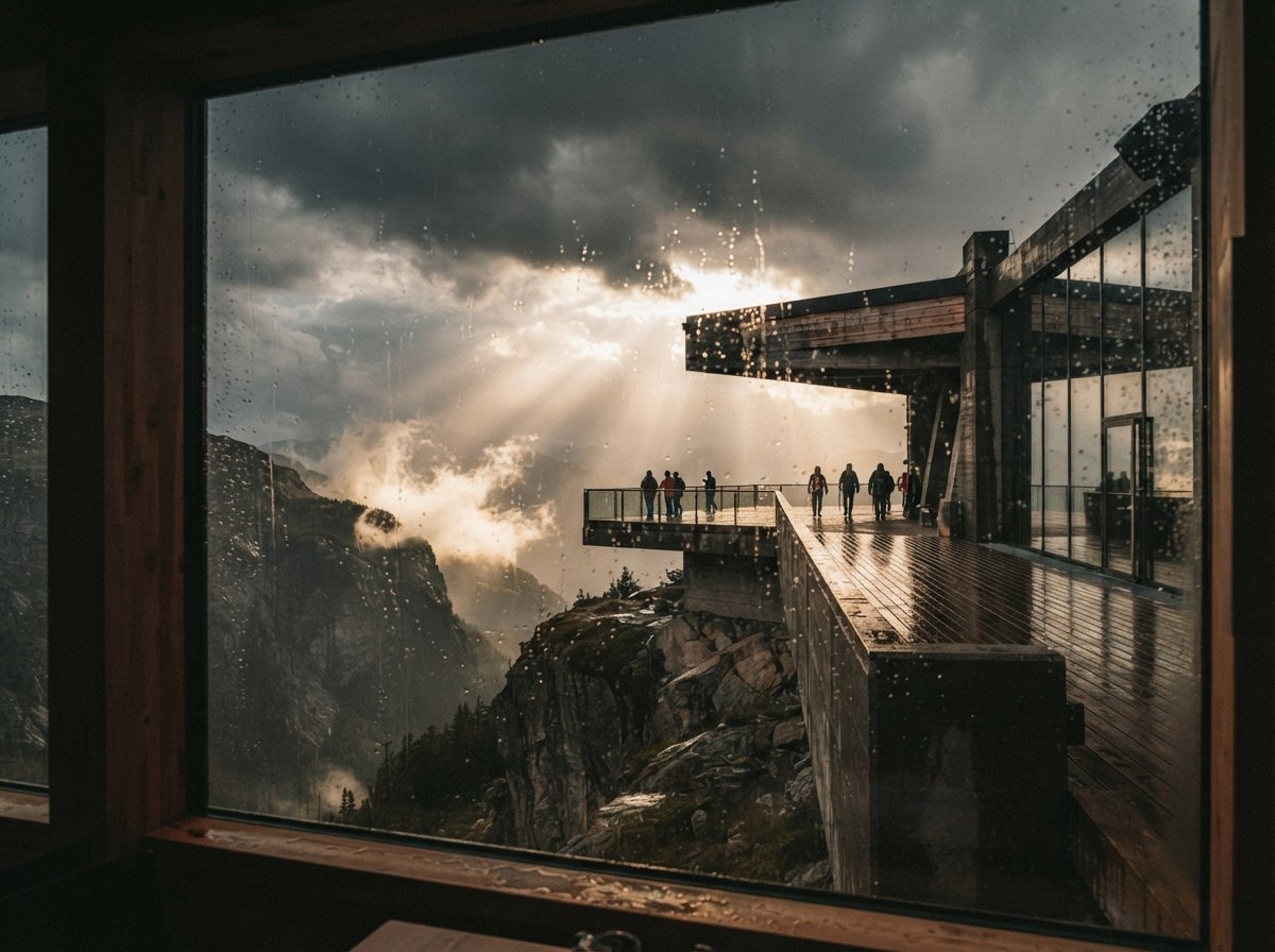 Viewed through a rain-streaked window, sunbeams break through storm clouds above a brutalist concrete mountain pavilion.