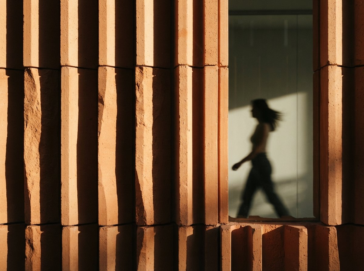 An abstract close-up photograph shows diagonal shadows cast across fluted terracotta architectural panels.