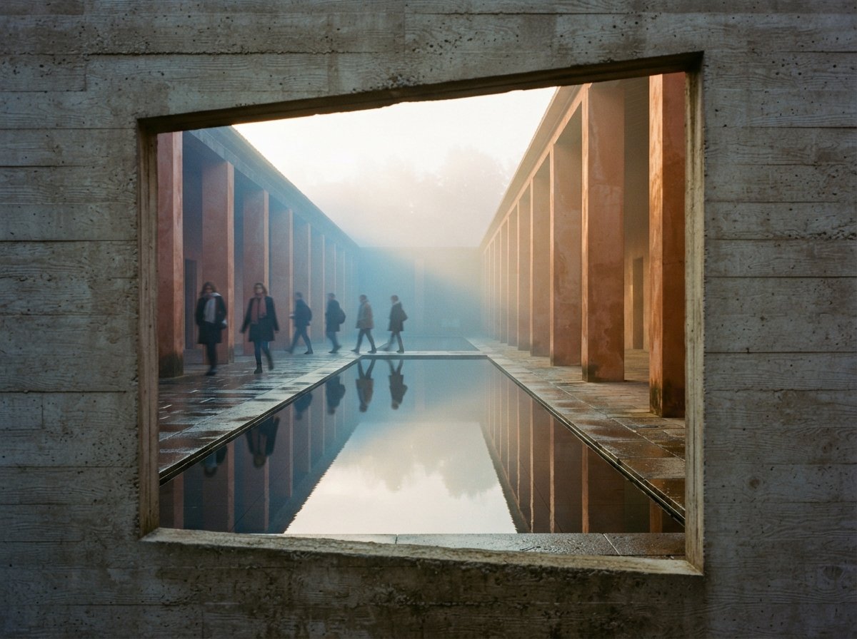 A misty courtyard with terracotta columns and a reflection pool framed through a concrete architectural opening.