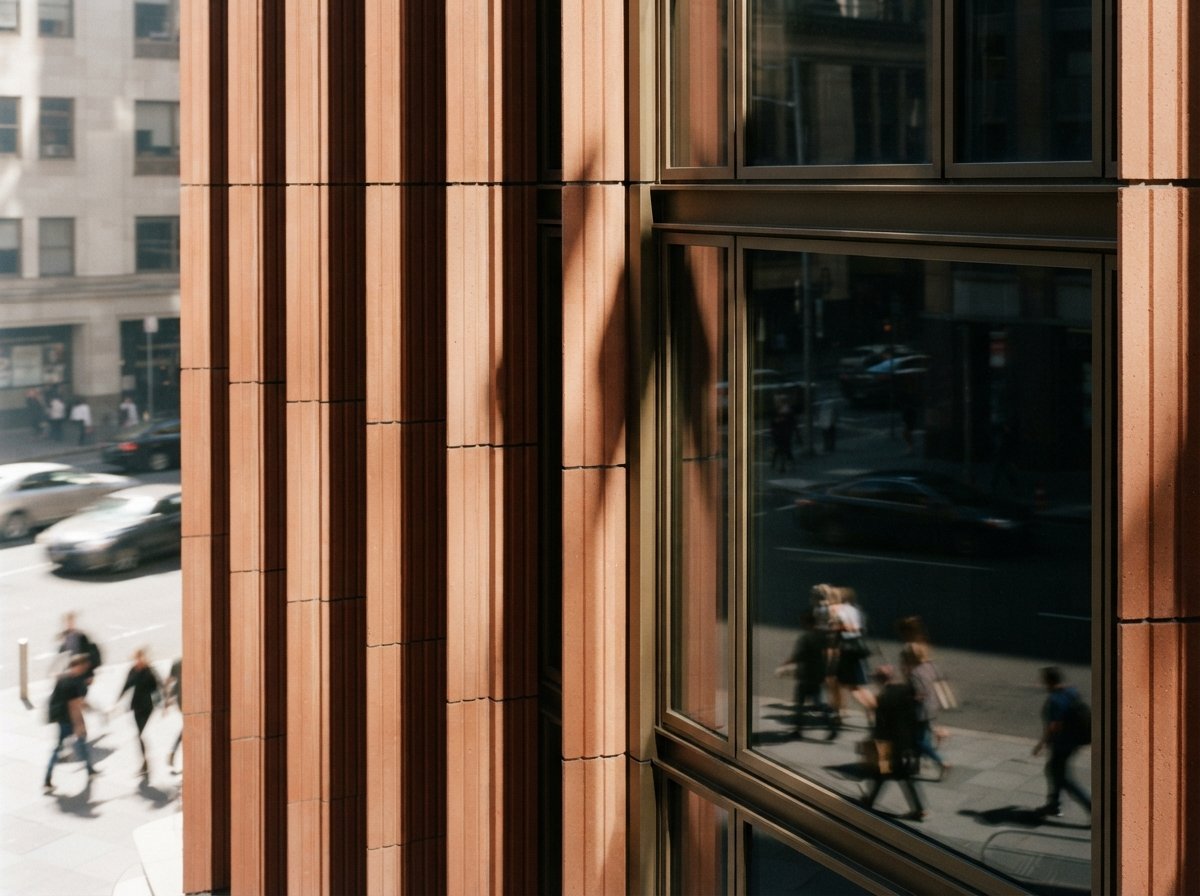 A close-up photograph of vertical terracotta building fins throwing strong shadows in direct sunlight.