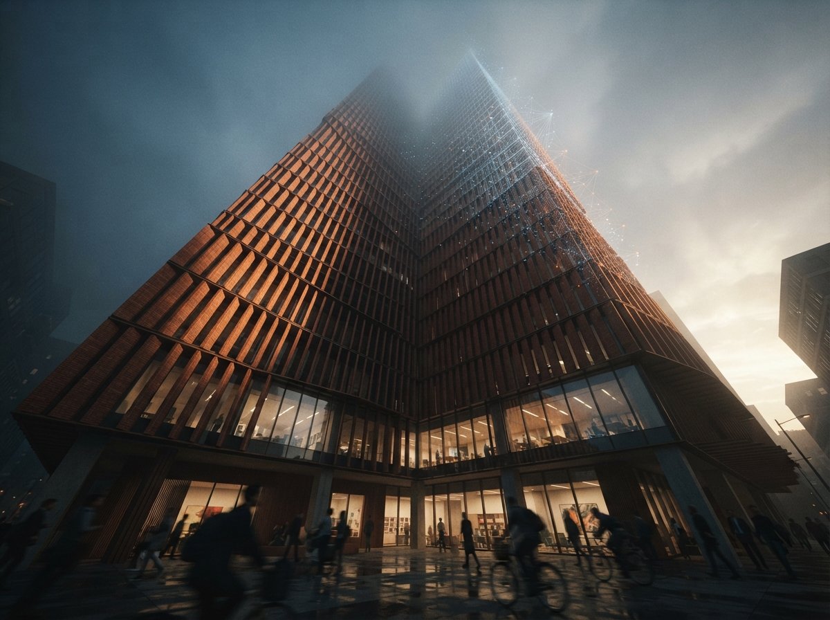A low-angle macro shot of a building's terracotta facade fading into dawn fog.