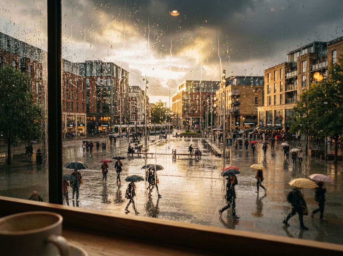 An urban plaza seen through wet window glass after a rainstorm.
