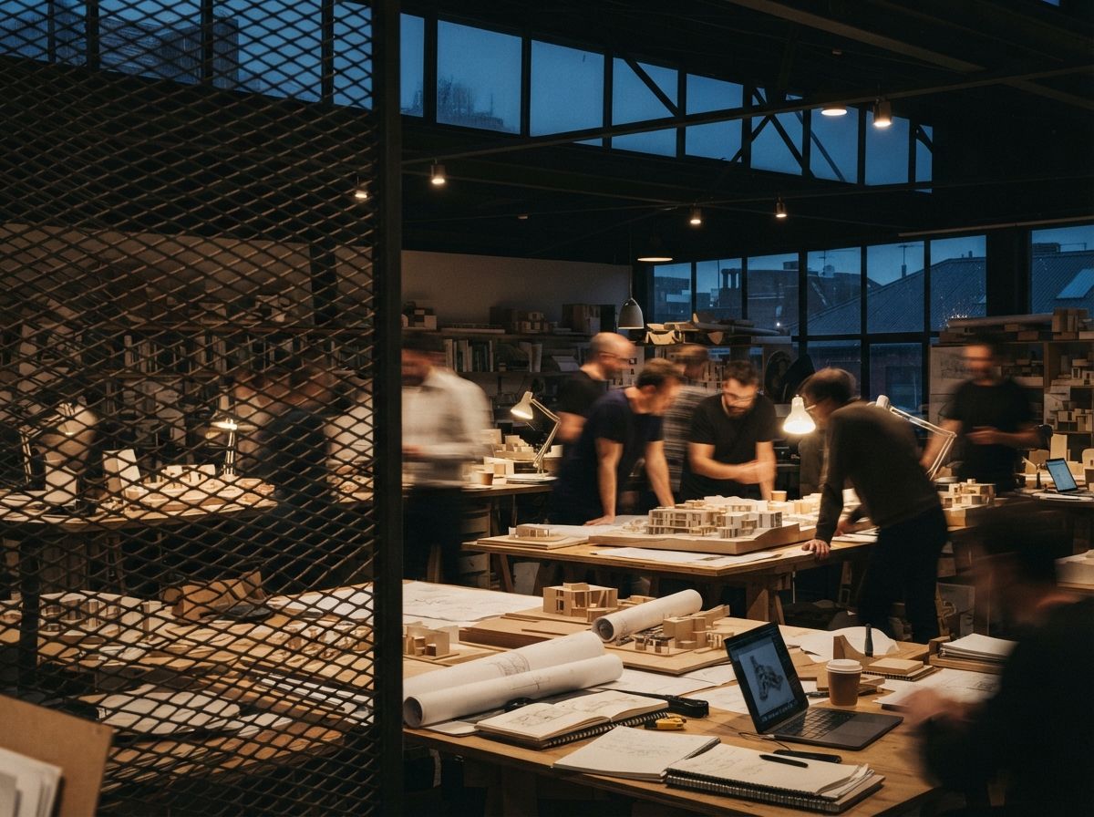 An architectural studio seen through a textured mesh screen during evening working hours.