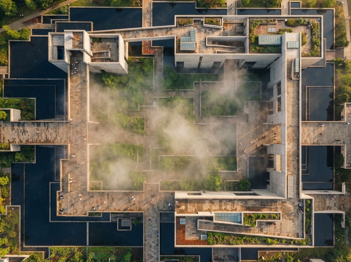 A top-down aerial photograph of a modern concrete building complex amidst morning fog.