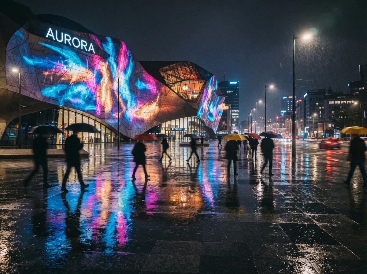 A rain-washed urban plaza at night reflecting vibrant neon lights from a modern illuminated facade.