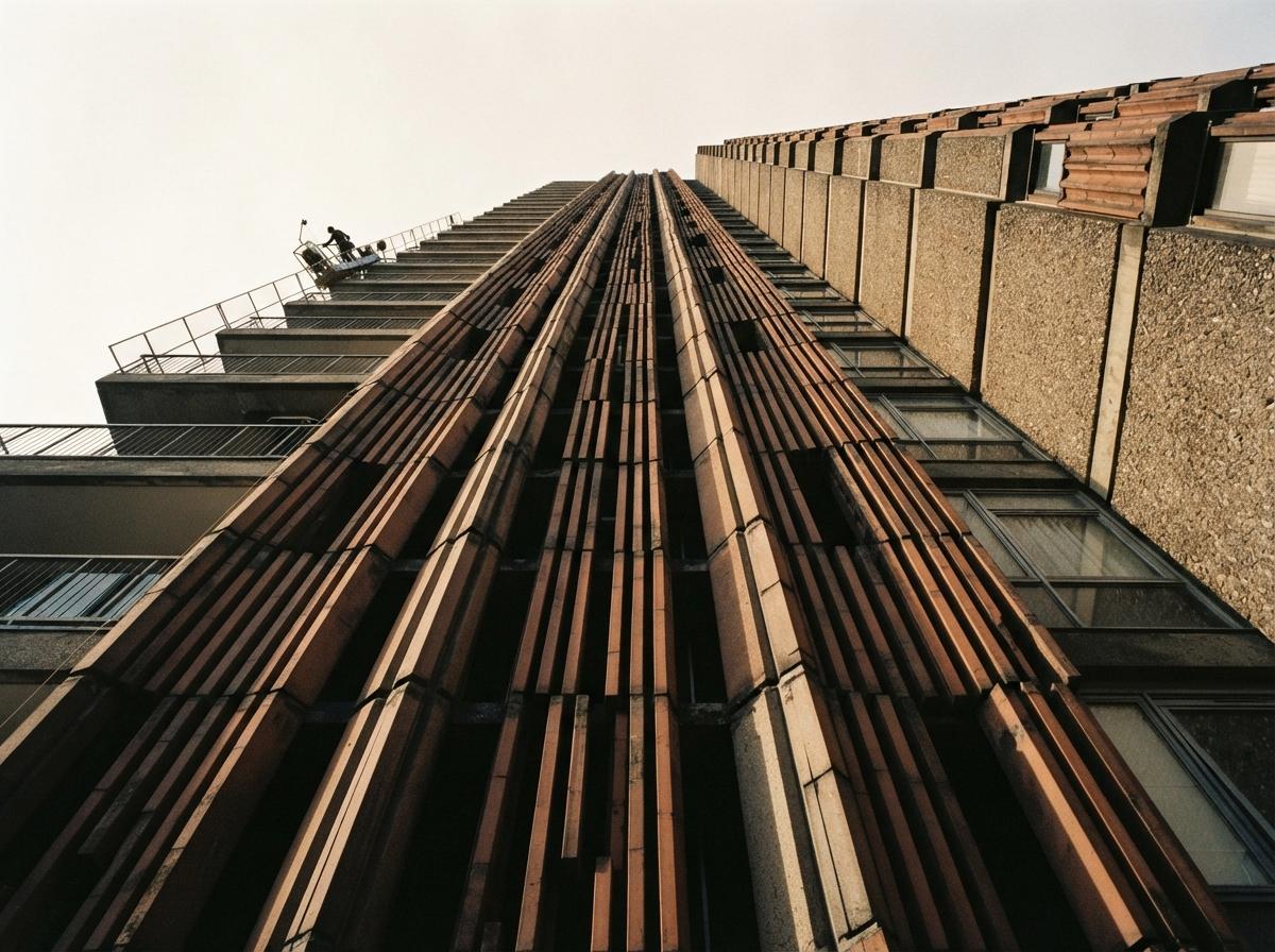 A worm's-eye architectural macro showing textured terracotta louvers in sharp dawn raking light.