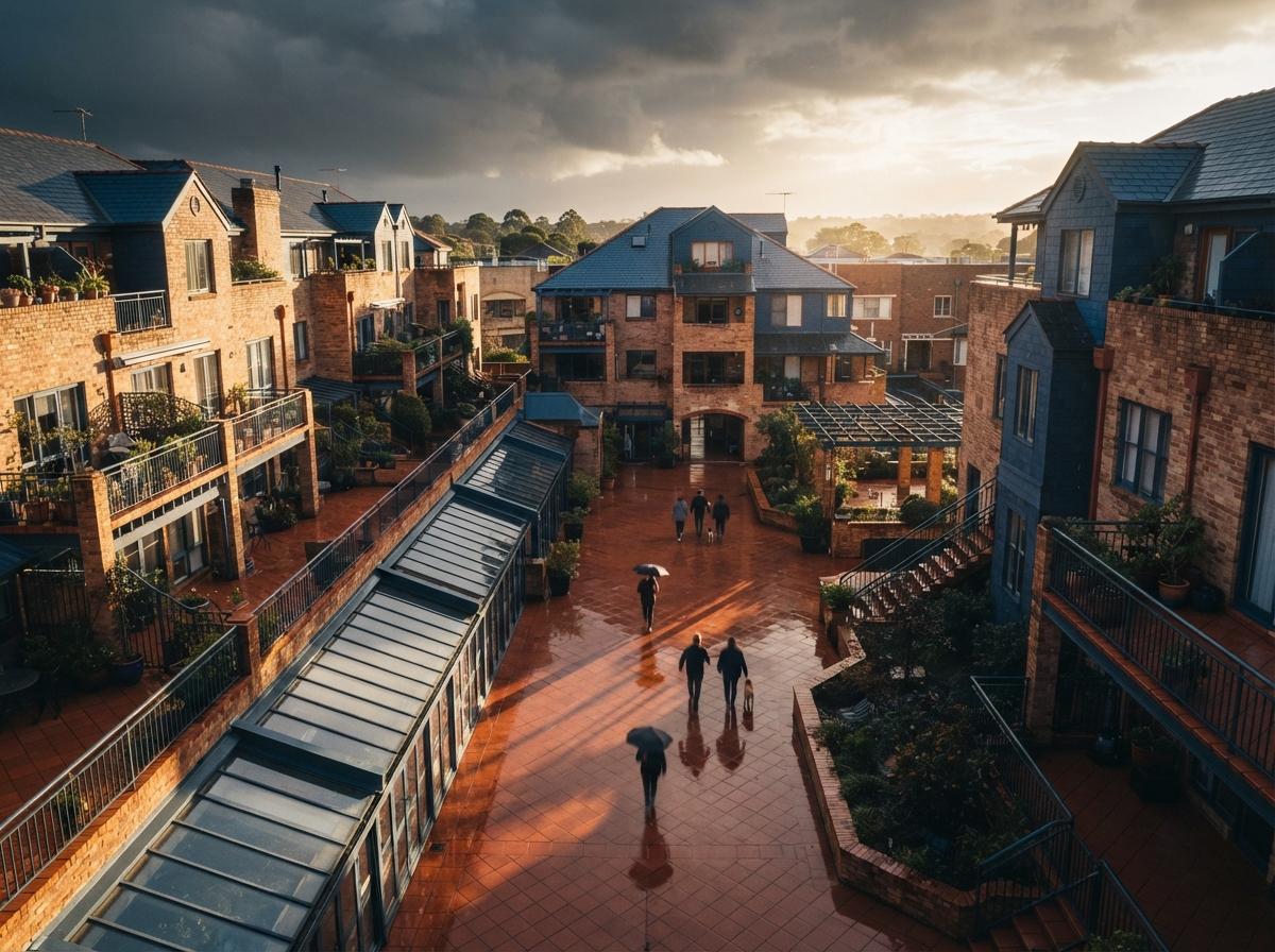 An overhead drone view of a wet plaza complex as sunlight pierces clearing storm clouds.