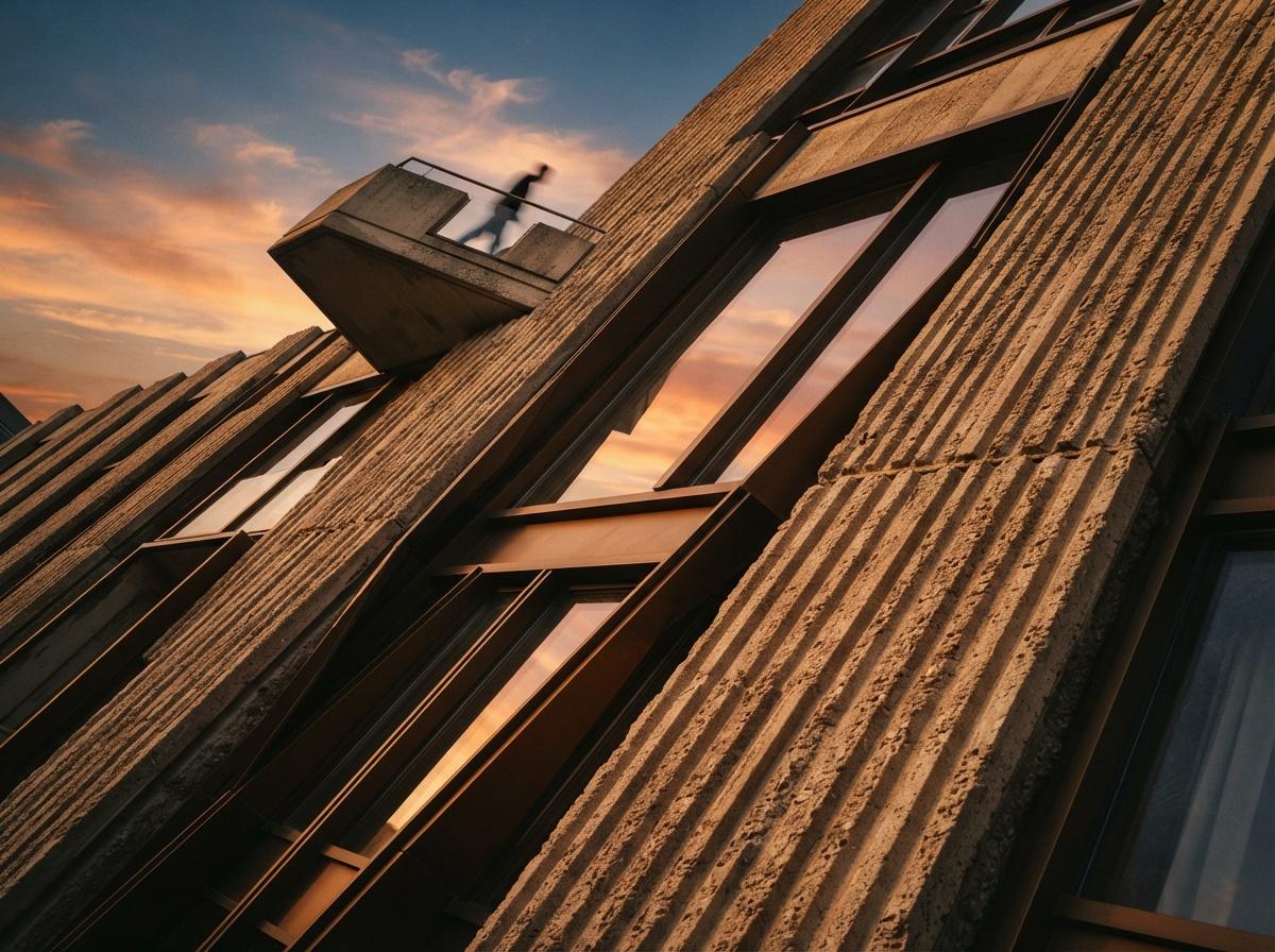 A low-angle close-up of textured concrete wall panels and reflective glass.