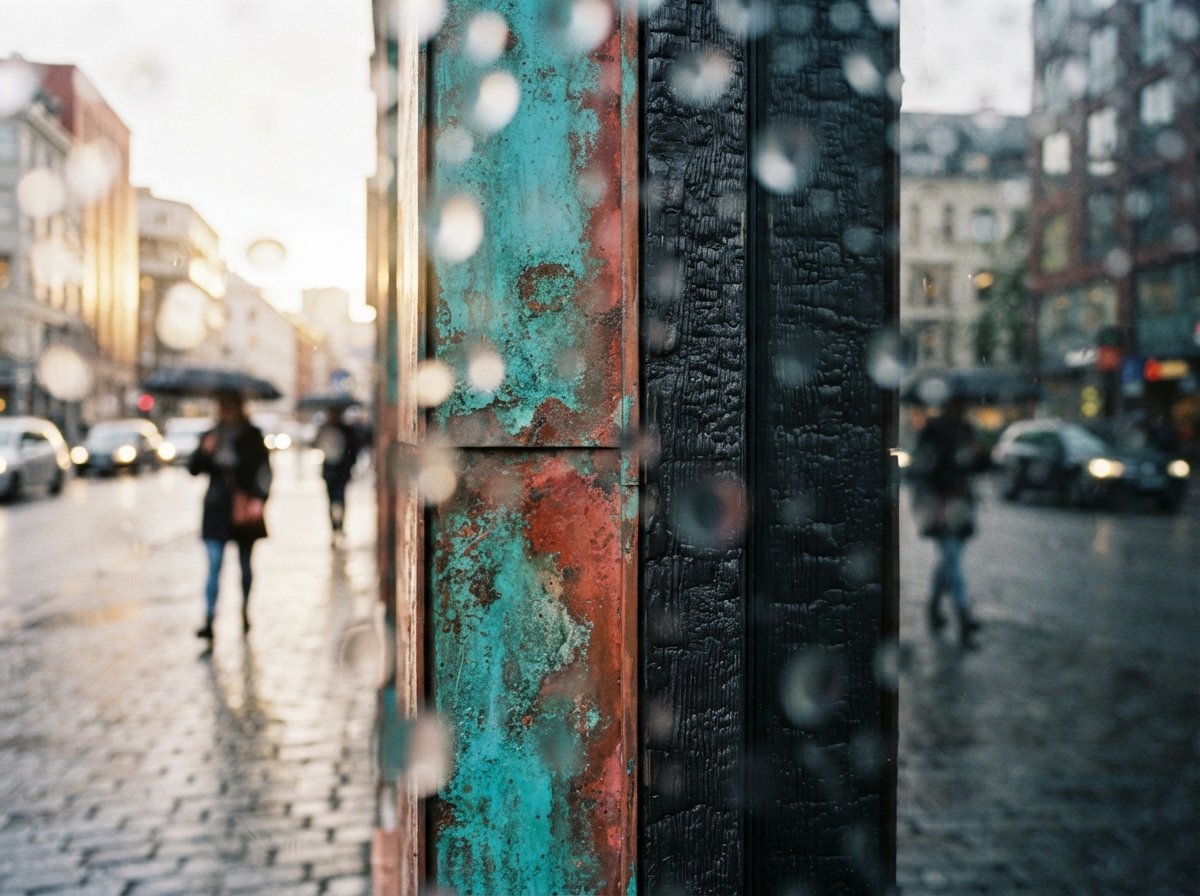 A macro close-up of patinated copper and charred timber facade panels seen through rain-dappled glass.