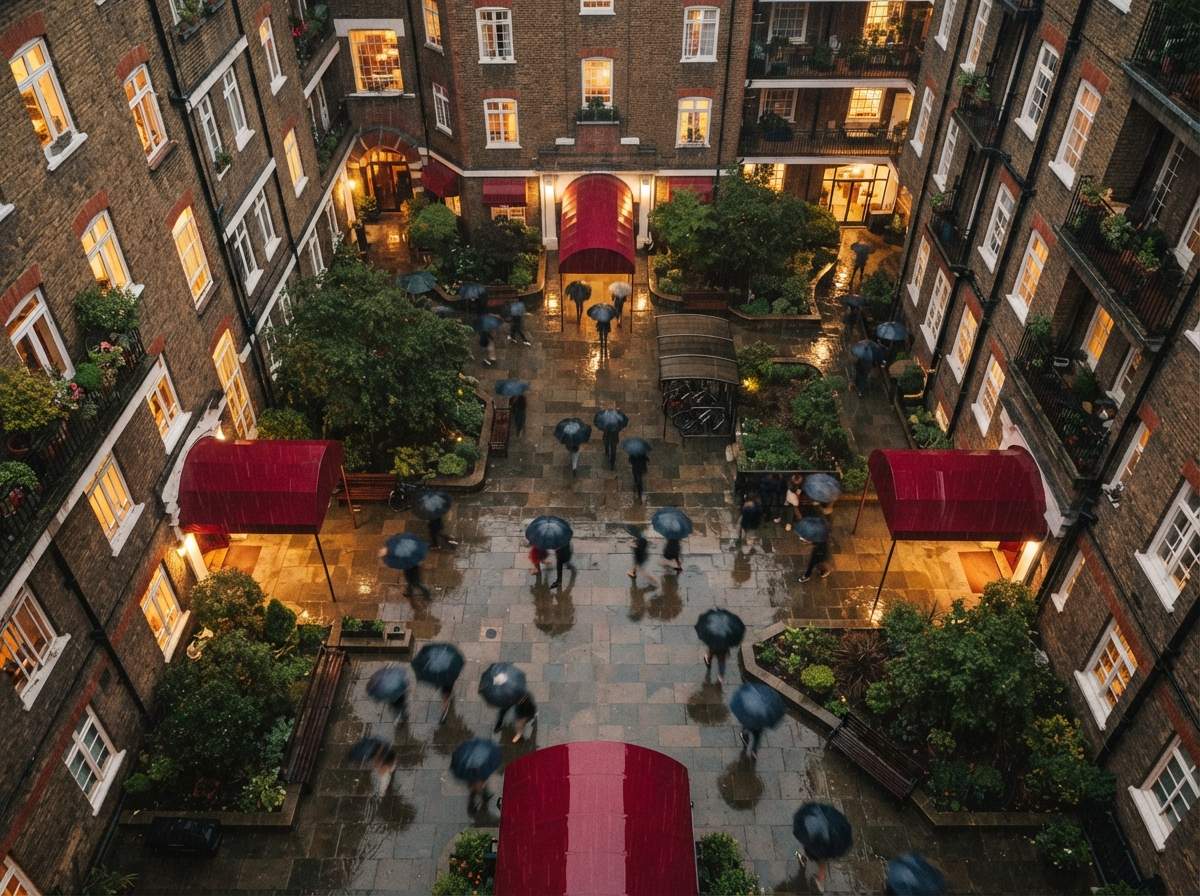 A top-down drone view of wet stone pavers and umbrellas in an urban apartment courtyard during rain.