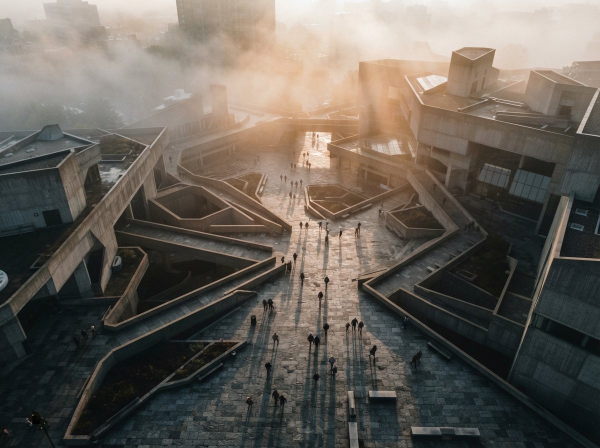 An overhead drone perspective showing a concrete plaza in morning fog with people walking across it.
